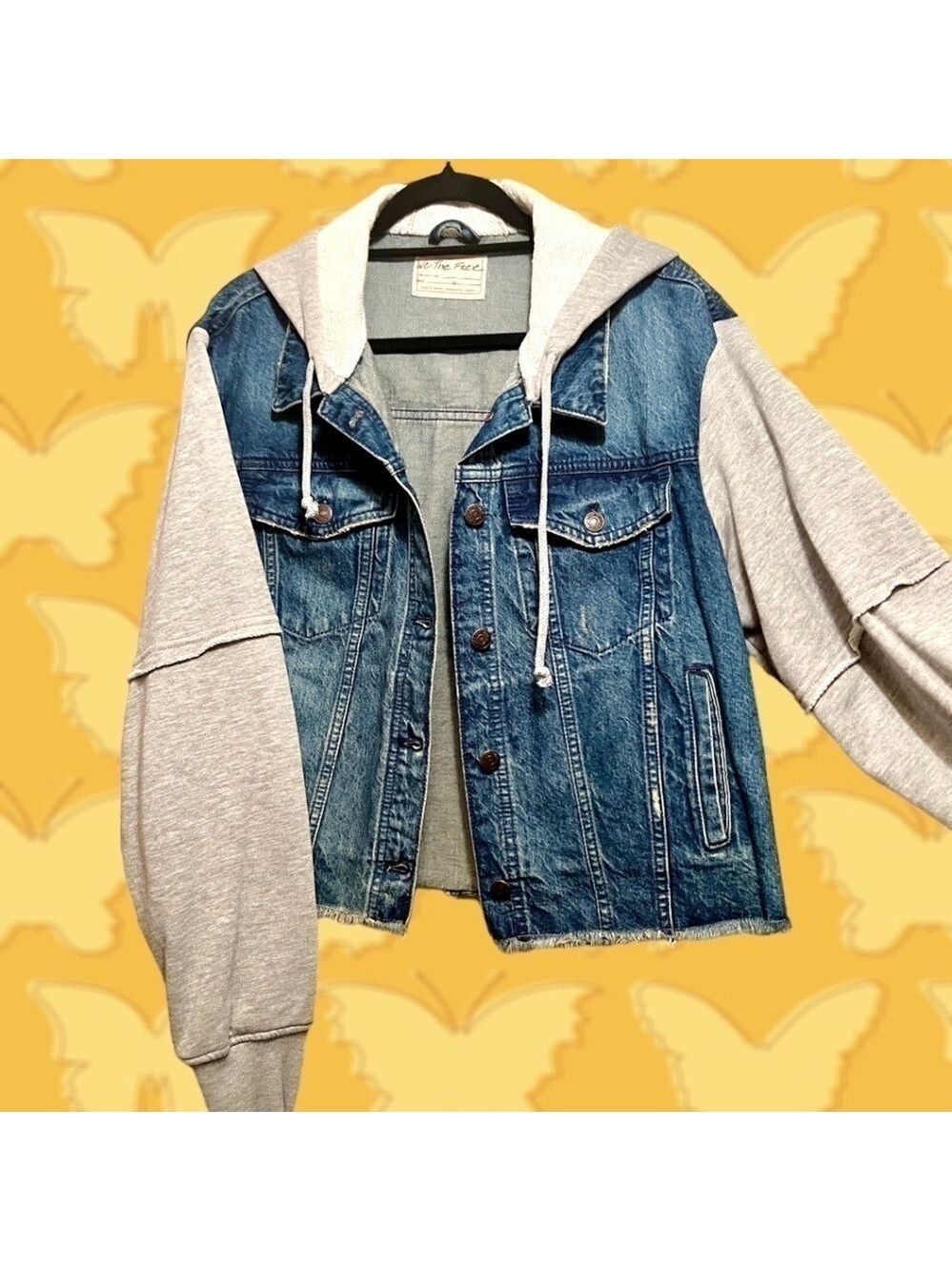FREE PEOPLE Throwback Denim/Knit Hoodie Style Raw Hem Relaxed Crop Jacket-Md NWT - Picture 12 of 16